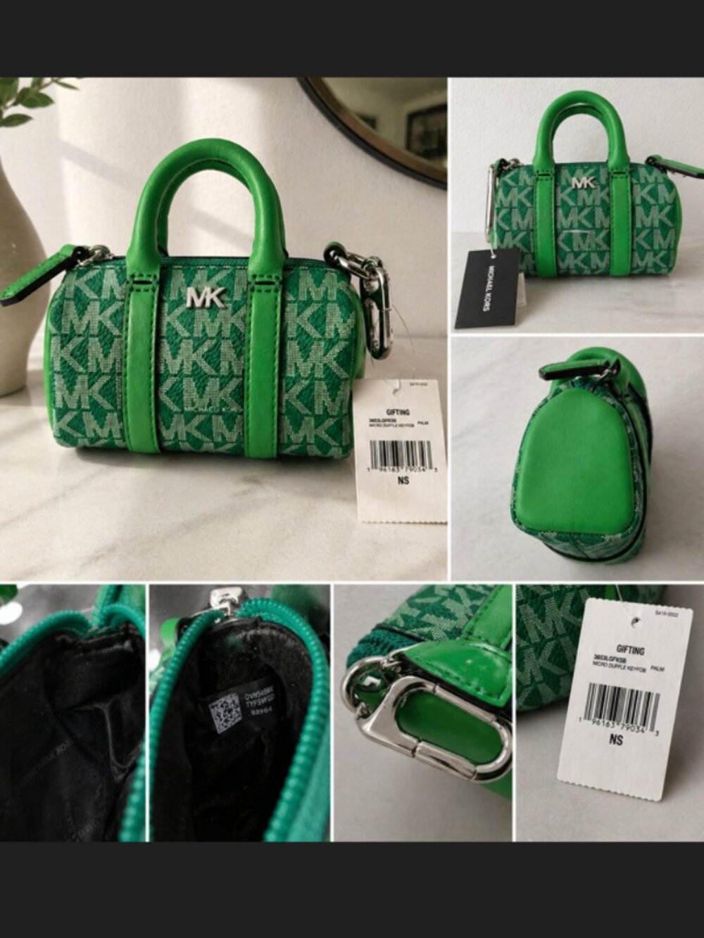 Michael Kors Green Jacquard Micro Duffle Bag Charm Keychain NWT Logo Mini Pouch - Picture 2 of 15